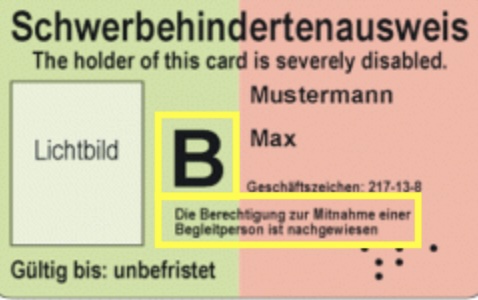 Beispiel eines Schwerbehindertenausweises mit dem Merkzeichen B